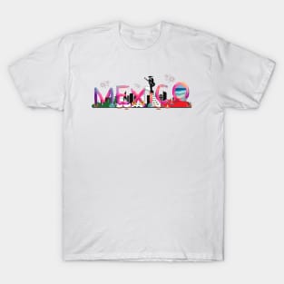 Mexico Marvels: Watercolor Lettering with Chichen Itza, Cancun Beach, and Agave Elegance T-Shirt